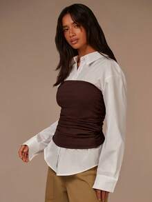 Athîral 女士白色长袖衬衫和棕色褶皱无肩带上衣。休闲装、商务休闲上衣、秋冬季、办公室衬衫 - 彩色 - 查看 4