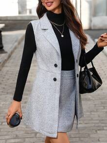 Editum Bộ 2 món áo khoác blazer cổ bẻ thắt eo thanh lịch dành cho nữ, thích hợp mặc hàng ngày và nhiều dịp khác nhau, Thu/Đông - Xám - Xem 8