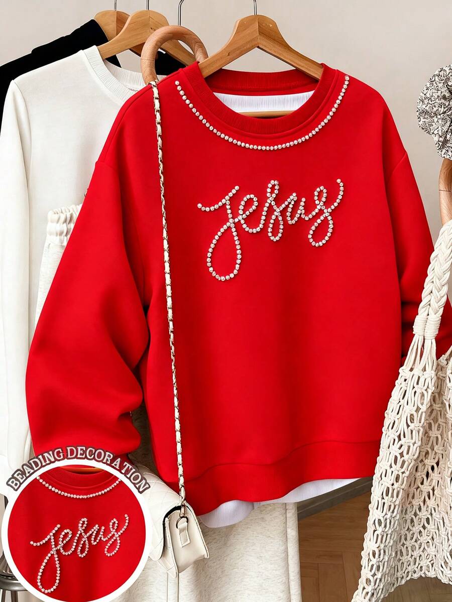 Resyla Women's Faux Pearl Bow Decor Casual Round Neck Sweatshirt, Suitable For Autumn/Winter, Daily Commute, Outdoor, Women's Gifts, Siblings Gifts, Sisters Gifts, Mom Gifts, Mother's Day Gifts - Red - View 1