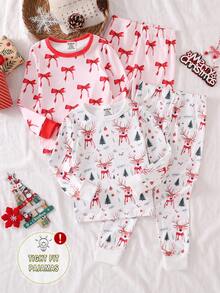 Set de 2 piezas de pijama con leggings de manga larga con estampado de lazo y ciervo para niñas bebé - Multicolor - Ver 3