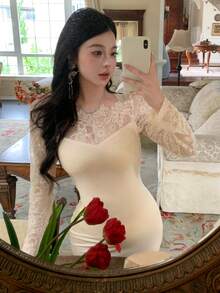 DAZY Vestido de media longitud con forro térmico, encaje y parches, estilo de cola de pez para mujer en otoño - Beis - Ver 5