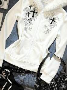 SHEIN EZwear Gray Gothic Style Women Rhinestone & Faux Fur Hooded Sweatshirt, Zip-Up Sweatshirt, Gray Sweatshirt, Women Sweatshirt, B2 - Multicolor - View 3