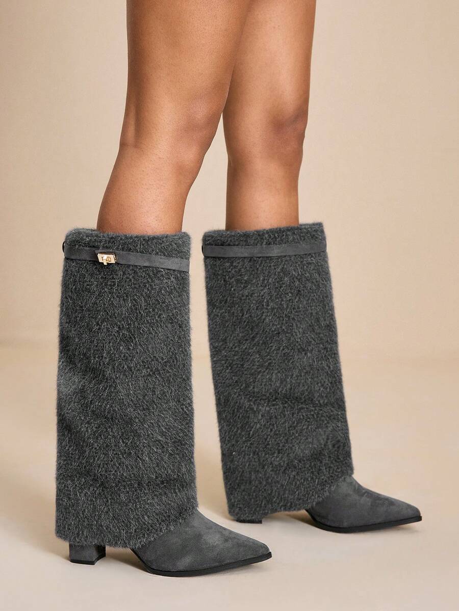 Daringsoles 女式尖头粗跟绒面西部流苏靴，修身高筒靴 - 深灰色 - 查看 1