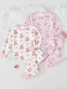 THE HAPPY LOOK 4pcs Young Girl Cartoon Bear Pattern Knit Soft Crew Neck Long Sleeve Top And Elastic Waist Long Pants Snug Fit Pajama Set Toddler Sleepwear Girl Sleep Wear Matching Pajama Set Bows For Kids Kids Pj Sets - Multicolor - View 8