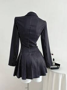Elamini 2pcs Women's Striped Suit Set: Black Lapel Blazer Jacket And Pleated Dress, Commuting & School Style For Autumn/Winter - Navy Blue - View 2
