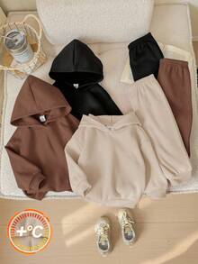 SHEIN 6件套女婴可爱纯色爱心图案连帽卫衣和松紧腰裤，秋冬季 - 彩色 - 查看 8