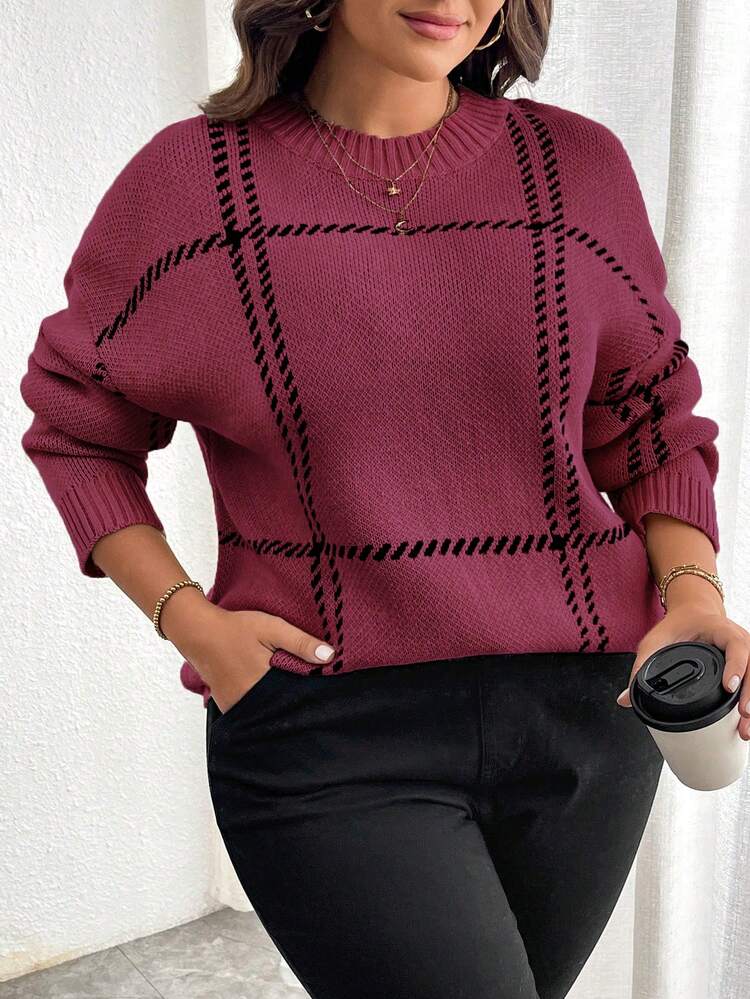Elenzga Plus Size Women Casual Everyday Commute Plaid Pattern Drop Shoulder Loose Pullover Sweater, Autumn/Winter - Red Violet - View 7