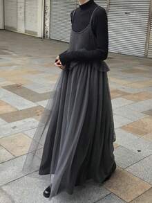 FRIFUL 女士无袖荷叶边网纱拼接休闲长裙 - 深灰色 - 查看 5