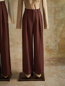 Anewsta Petite 优雅时尚设计褶裥砖红色女士西装裤，带口袋，直筒裤型，娇小款 - 棕色 - 查看 7