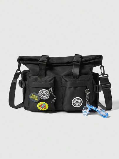 ROMWE Grunge Punk Lightweight,Business Casual Medium Messenger Bag Release Buckle Decor With Bag Charm & Badges For Teen Girls Women College Students,Rookies & White-Collar Workers Perfect For Office,College,Work ,Business,Commute,Outdoors, Travel, Outings, Literary School Bag For Teens, Book Bag For Women Or Students, Perfect For Books, Shopping, Back To School And More