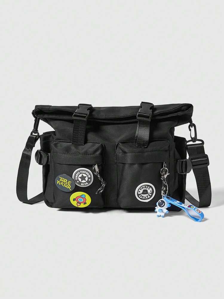 ROMWE Grunge Punk Leve, Casual De Negócios, Bolsa Mensageiro Média, Decoração De Fivela Com Pingente De Bolsa E Emblemas Para Meninas Adolescentes, Mulheres, Estudantes Universitários, Novatos E Trabalhadores De Colarinho Branco, Perfeito Para Escritório, Faculdade, Trabalho, Negócios, Deslocamento Diário, Ao Ar Livre, Viagens, Passeios - Preto - Visão 1