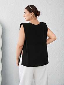 SHEIN Essnce Plus Size Shoulder Padded Split Hem Shirt - Black - View 2