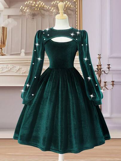 Glamorique Kids Girls' Vintage Elegant Velvet Pearl Decor Hollow Out Round Neck Puff Sleeve High Waist A-Line Mid-Length Dress