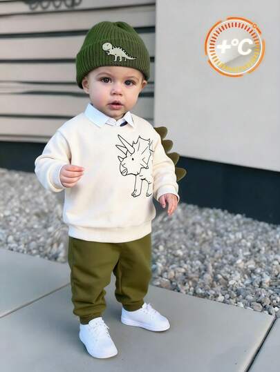 男婴保暖恐龙印花圆领卫衣和绿色运动裤套装（2件套），舒适休闲日常穿搭，适合室内、室外、日常穿着、运动、派对、拍照、节日、街头风、运动服、圣诞节、新年等场合。