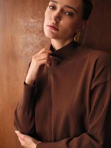 MOTF PREMIUM SPLIT WRAP HEM HIGH NECK SWEATER - Brown - View 3