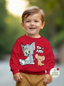 TOM & JERRY X SHEIN Baby Boy Casual Cartoon Cat & Letter Print Crew Neck Red Sweatshirt, Autumn - Red - View 6