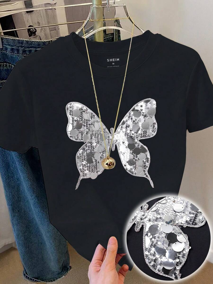 Franclia Áo thun cổ tròn tay ngắn họa tiết bướm sequin dành cho nữ - màu đen - Xem 1