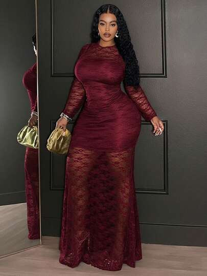 Veslaya 2025 Spring/Summer New Arrival African Bohemian Music Festival Nightclub Casual Resort Elegant Romantic Island Vacation Party Sheer Sexy Solid Color Stretchy Black Lace Round Neck Long Sleeve Maxi Mermaid Dress, Plus Size/Christmas Dress