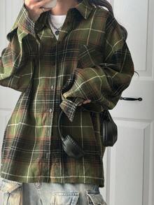 FRIFUL 女士休闲格子落肩宽松衬衫，秋季长袖女式 - 綠色 - 查看 4