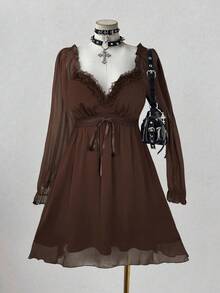 Sunspun Đầm cỡ lớn mùa xuân/hè kiểu Pháp lãng mạn, thanh lịch, màu tím trơn, chất liệu chiffon, viền ren, cổ chữ V, tay phồng, eo cao, thắt eo, chi tiết ren ở cổ tay, dài đến đầu gối, ôm dáng, thoải mái, xòe nhẹ, kiểu babydoll, thích hợp mặc thường ngày hoặc dự tiệc. Rất được khuyên dùng. - màu nâu - Xem 4