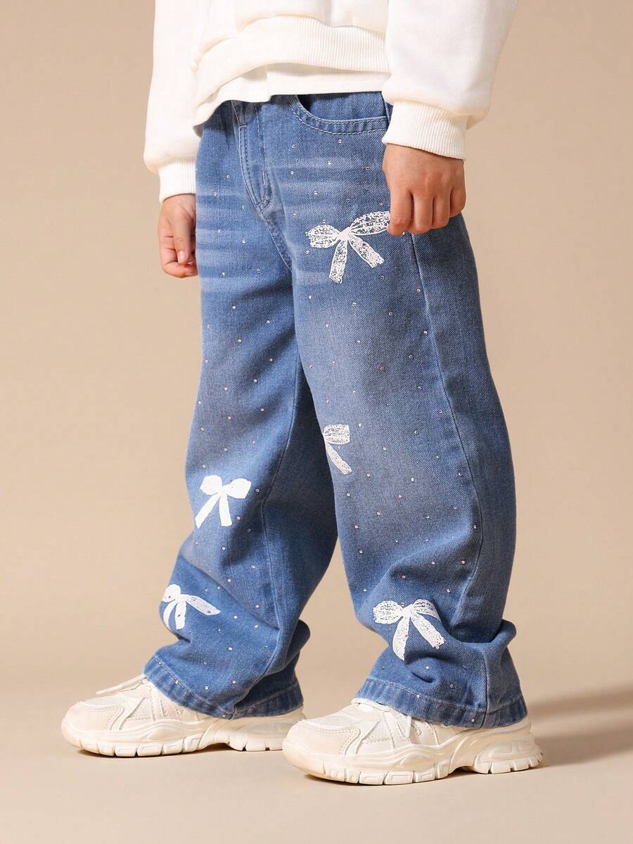 SUMWON Embellished Wide Leg Jeans With Pearl Studs And Bow Appliques For Kids - Medium Wash - View 1