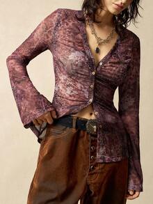 Bohemela 女士休闲针织长袖V领上衣，花卉豹纹网纱印花，纽扣前襟豹纹印花冬季女装上衣假日 - 彩色 - 查看 2