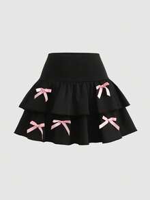 SHEIN Girlism 少女休闲、运动、校园、返校季、黑色层叠荷叶边裙短裤，蝴蝶结装饰，甜美又酷炫，黑粉色，春夏，清爽，基础款，日常百搭，运动时尚夏季，返校季，校服 - 黑色 - 查看 7