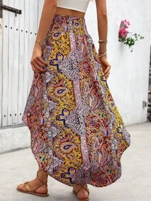 SHEIN LUNE 假日随机佩斯利印花弧形下摆长裙度假沙滩装女装 - 彩色 - 查看 2