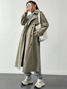 SHEIN EZwear Women's Medium-Long Anti-Wrinkle Fabric Trench Coat, Spring/Autumn