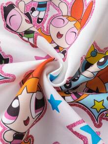 THE POWERPUFF GIRLS X SHEIN Tween Girl Blossom, Bubbles, Buttercup Pattern Contrast Trim Loose Fit Crew Neck Sweatshirt, Autumn/Winter Girls Clothes Kids Sweaters For Girls Kawaii Clothes Kids - White - View 4