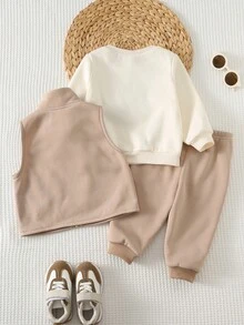 Cozy Pixies Bộ 3 áo nỉ len mềm mại có mũ trùm đầu màu trơn cho bé trai, quần cạp chun và áo vest không tay có đệm, họa tiết ngựa, thích hợp mặc trong nhà, ngoài trời thường ngày, trượt tuyết vào mùa thu/đông - Nhiều màu - Xem 2