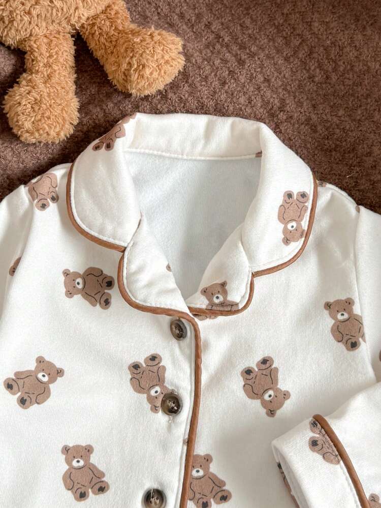 Loomiva Newborn Baby Girl Cartoon Bear Pattern Lapel Long Sleeve Cardigan Shirt And Elastic Waist Pants 2 Pieces Set Baby Teddy Bear Outfit Pajama Baby Set Baby Unisex Clothes Sets Baby Pj Set Neutral Baby Clothes Unisex - Multicolor - View 3