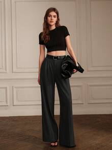 Anewsta Petite 优雅通勤中腰褶裥设计女士西装裤，纯色直筒裤，娇小款，深灰色 - 深灰色 - 查看 5