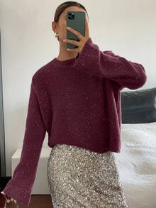 Livesso Suéter Casual Feminino de Gola Careca com Paetês, Outono - Vinho - Visão 3