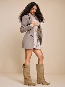 Daringsoles Women's Pointed Toe Chunky Heel Suede Western Boots, Slim Fit Tall Boots For Christmas - Apricot - View 6