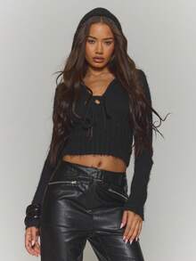 MUSERA 深V领露脐针织连帽衫上衣，冬季街头风，清凉夜出，日常性感，缟玛瑙色，优雅冬日派对晚宴夏季必备 - 黑色 - 查看 1