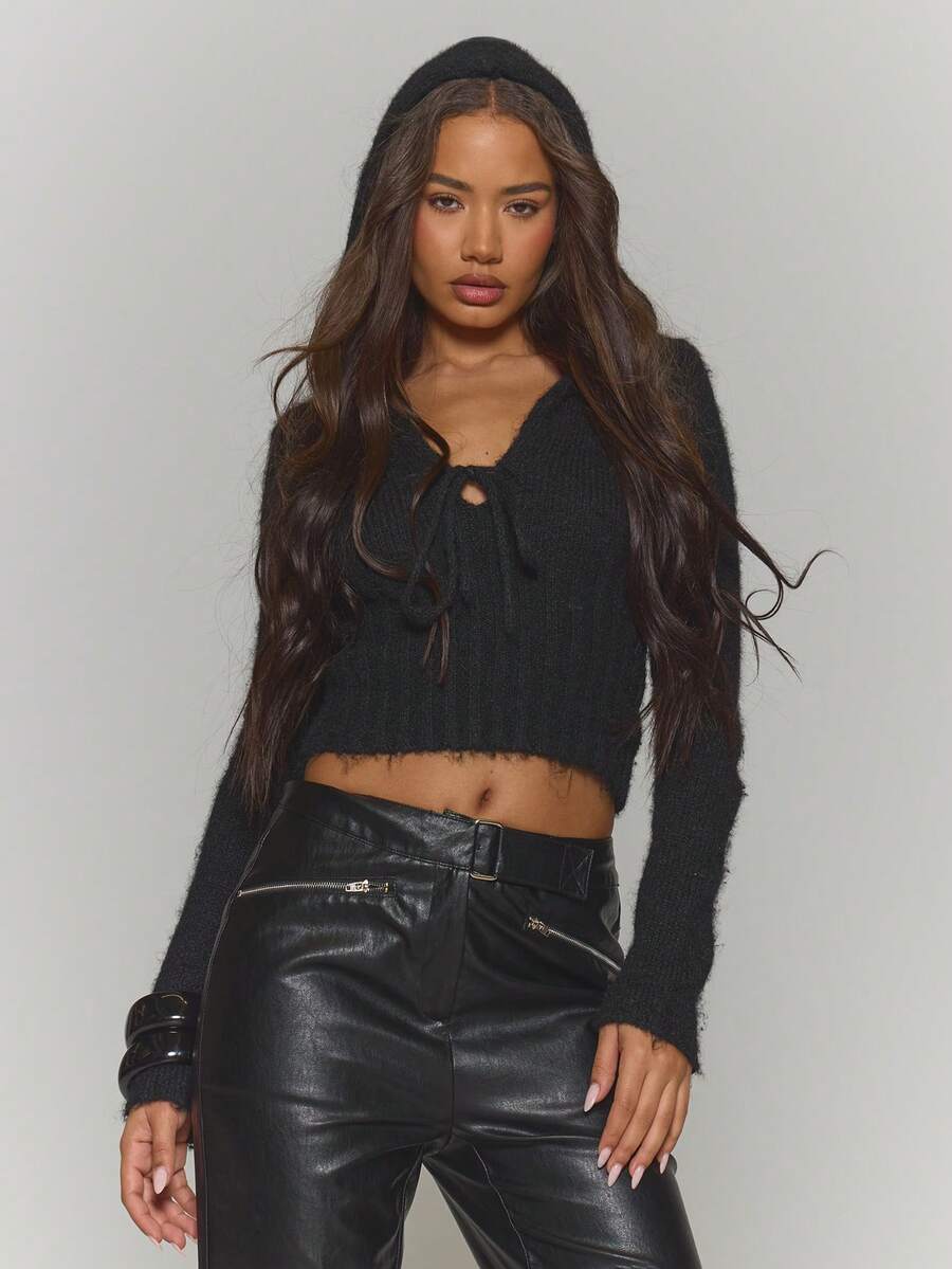 MUSERA 深V领露脐针织连帽衫上衣，冬季街头风，清凉夜出，日常性感，缟玛瑙色，优雅冬日派对晚宴夏季必备 - 黑色 - 查看 1