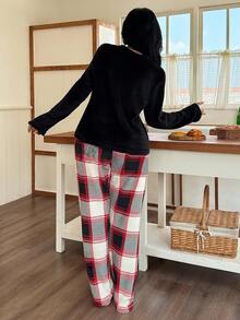 Snug Zone 女士保暖法兰绒格子蓬松睡衣套装，秋冬服装，舒适 - 黑色 - 查看 2