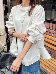 FRIFUL 女士纯色圆领落肩长袖宽松休闲卫衣 - 杏色 - 查看 3