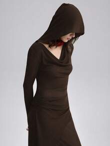 Airlisse 女士优雅U领连帽修身薄纱长袖连衣裙，适合派对穿着 - 棕色 - 查看 1
