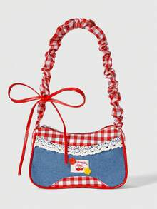 ROMWE Kawaii 1 件红色尼龙面料光滑拉链抽绳带纽扣装饰时尚休闲夏季新款独特斜挎包，适合女性日常使用 - 紅色 - 查看 2