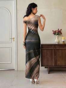 EastFlair 女士时尚通勤扎染印花不对称领连衣裙 - 彩色 - 查看 6