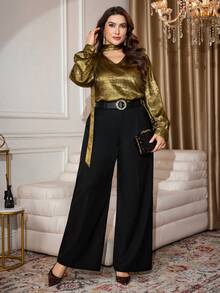 Modelyn Metallic Tie-Neck V-Neck Blouse For Women, Retro Puff Sleeve Niche Design Glossy Elegant Plus Size Top - Gold - View 5