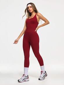 Eassivo Eassivo Burgundy Seamless Long Jumpsuit For Women Sleeveless Square Neck High Waist Lightweight Breathable Backless Design - Burgundy - View 5