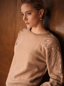 MOTF PREMIUM SEQUINS BEADED FLORAL KNIT RAGLAN SLEEVE SWEATER - Khaki - View 5