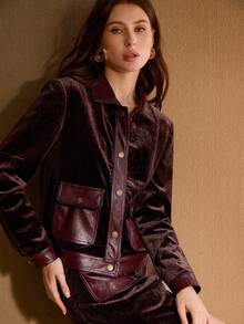 MOTF PREMIUM WOMEN'S SOLID COLOR VELVET PATCHWORK LEATHER DECORATIVE ROPE POCKET ELEGANT LONG SLEEVE JACKET - Burgundy - View 6