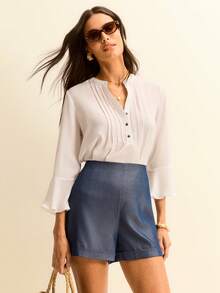 Daynim Solid High Waist Shorts - Blue - View 5