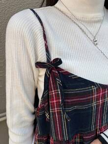 Women's Plaid Strap Bowknot Layered Patchwork A-Line Casual Tank Top, Autumn - Multicolor - View 4