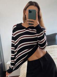 DAZY 女士休闲通勤V领套头毛衣，撞色条纹图案，秋冬季 - 彩色 - 查看 4