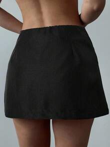 Firerie 女士新款简约优雅时尚通勤金属配饰前裹式亚麻迷你裙 - 黑色 - 查看 2